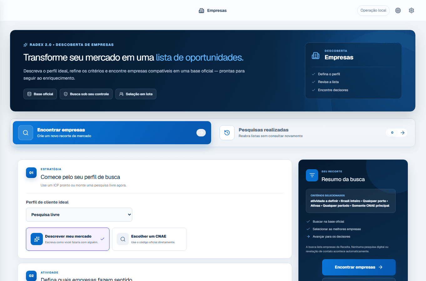 Interface real do RADEX — Encontrar empresas
